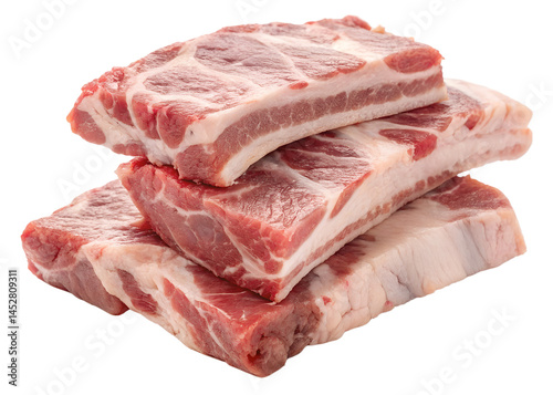Fresh pork belly slices stacked high on a black background delicious cuts