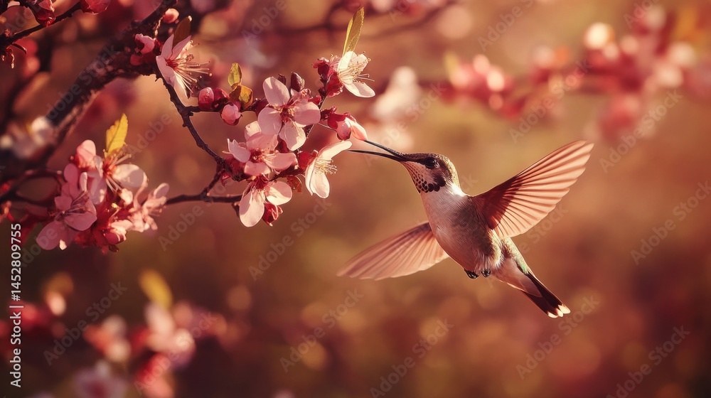 Naklejka premium Hummingbird and Blossoms: A Springtime Serenade