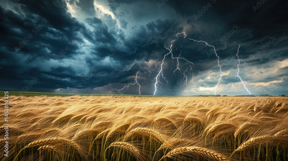 Endless fields of golden wheat swaying violently in the wind beneath an angry sky