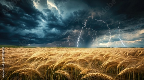 Obraz na płótnie Endless fields of golden wheat swaying violently in the wind beneath an angry sky w salonie