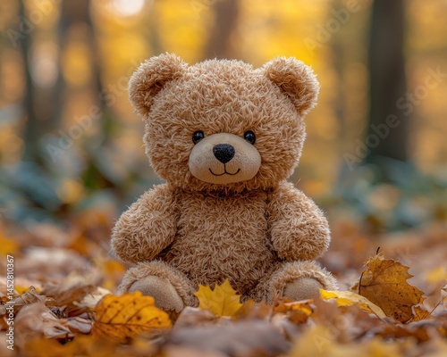 Cute teddy bear sitting among colorful autumn leaves in a serene forest