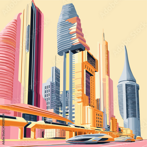 Futuristic vector illustration of a future city with innovative architecture, green technology, flying objects, skyscrapers and smart city infrastructure.