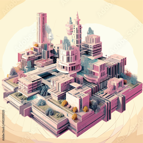 Futuristic vector illustration of a future city with innovative architecture, green technology, flying objects, skyscrapers and smart city infrastructure.