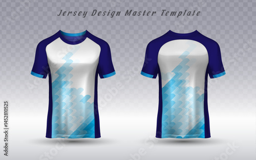 Front and back vector jersey template featuring a dynamic abstract blue curving design. Customizable apparel mockup for sports or esports teams. Easy graphic resource.