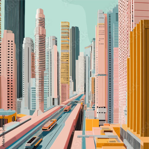 Futuristic vector illustration of a future city with innovative architecture, green technology, flying objects, skyscrapers and smart city infrastructure.