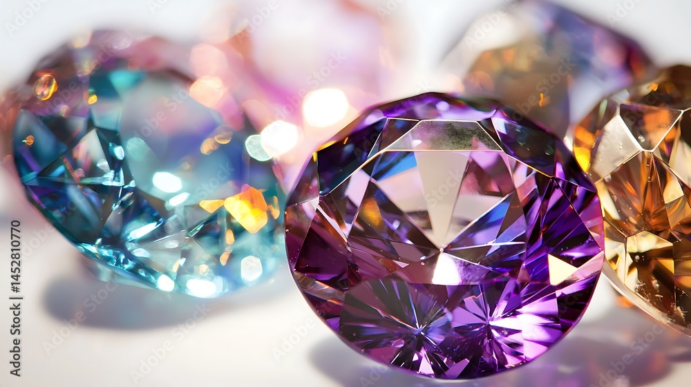 Collection of colorful diamonds are displayed on a white background Collection of colorful diamonds are displayed on a white background