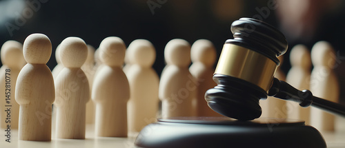 Legal Representation and Justice Concept: A group of wooden figures stand behind a gavel, symbolizing legal issues and the importance of fair judgment.