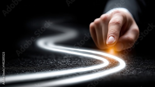 Leader presents start up project A hand pointing at a glowing path on a dark surface.