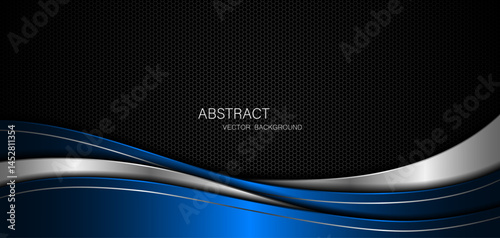 Abstract blue and silver curves with silver lines on dark steel mesh background. with free space for design. modern technology innovation concept background	