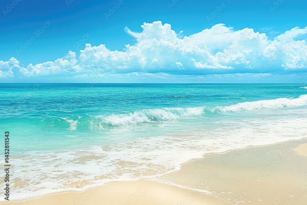 Fototapeta premium Azure Sky Meets Turquoise Ocean White Sandy Beach and Gentle Waves on Seashore View