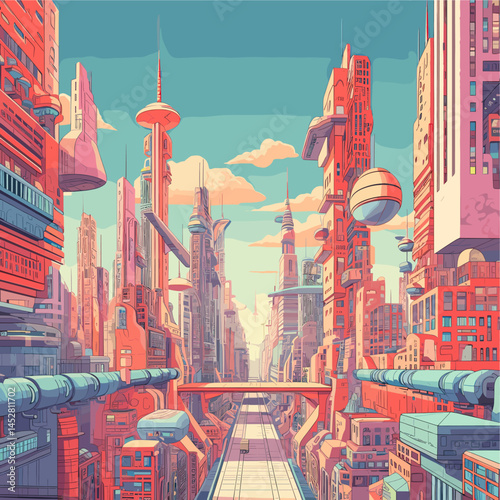 Futuristic vector illustration of a future city with innovative architecture, green technology, flying objects, skyscrapers and smart city infrastructure.