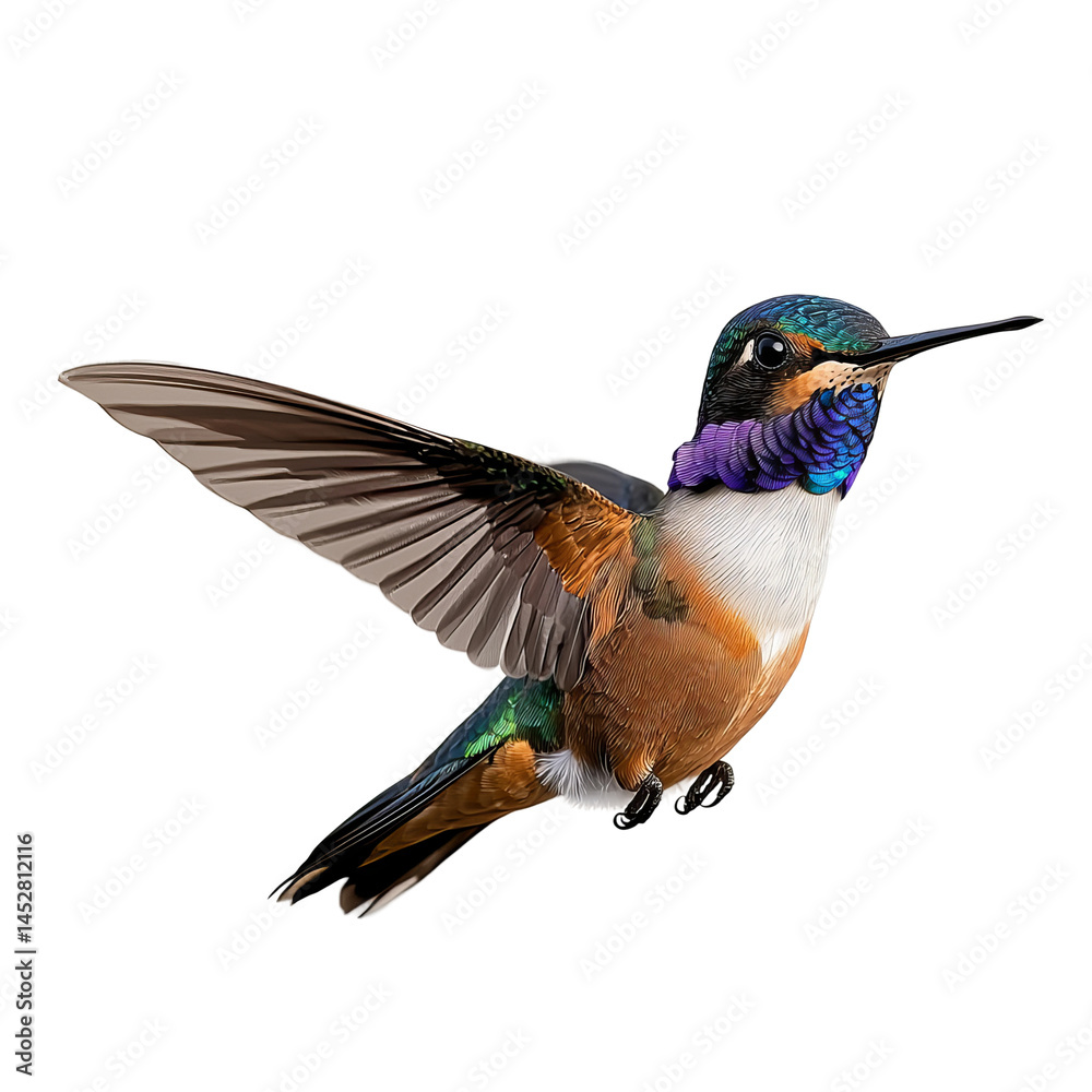 Obraz premium A vibrant hummingbird in flight with colorful plumage and a long beak. The image captures the hummingbird mid-air, showcasing its beauty and agility.