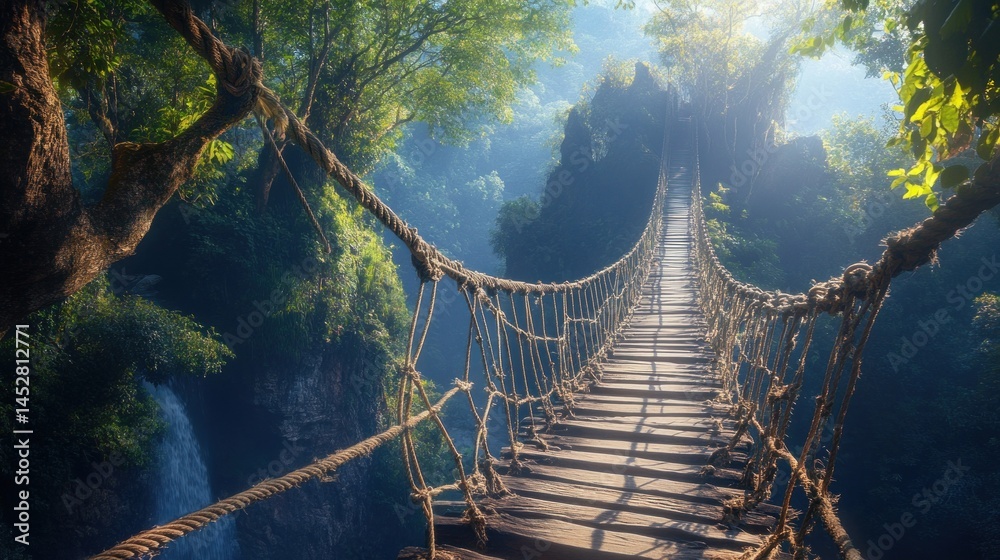 Obraz premium Mystical Rope Bridge in Lush Jungle Paradise