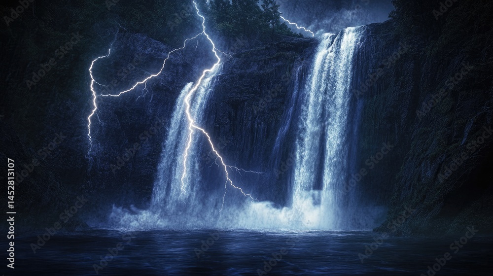 pristine waterfall cascading down dark cliffs under a threatening storm