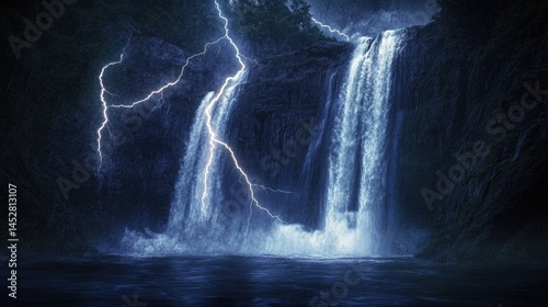 Obraz na płótnie pristine waterfall cascading down dark cliffs under a threatening storm w salonie