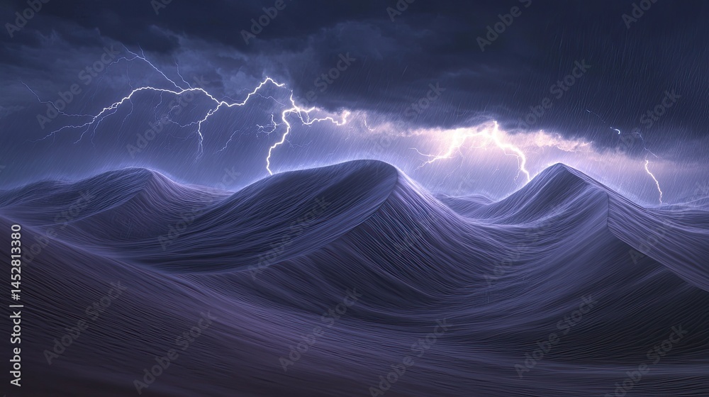 Sand dunes rippling in the wind under a stormy sky