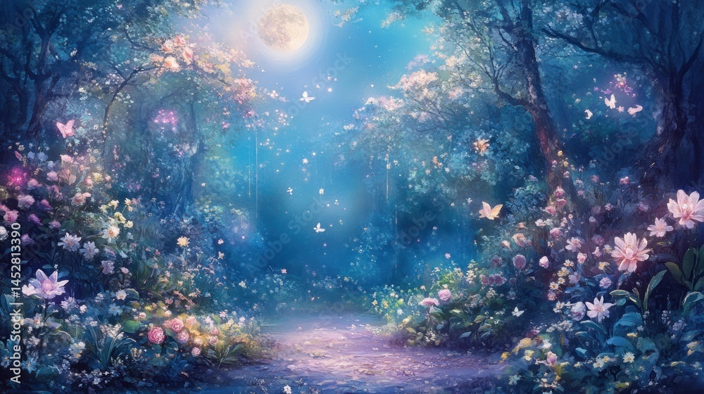 Fototapeta premium Enchanted Moonlight Forest Path: A Dreamlike Fantasy Landscape