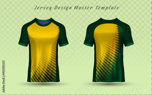 Front and back vector jersey template featuring a dynamic green diagonal line pattern on yellow. Customizable apparel mockup for sport teams or esports. Easy graphic resource.