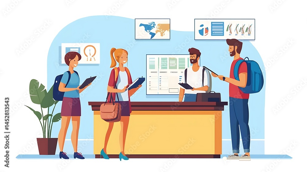 Group of people are standing around a desk, with one man holding a tablet Group of people are standing around a desk, with one man holding a tablet