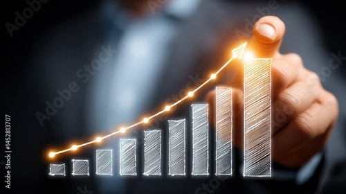 Leader presents start up project Hand pointing at a rising graph with a glowing trend line.