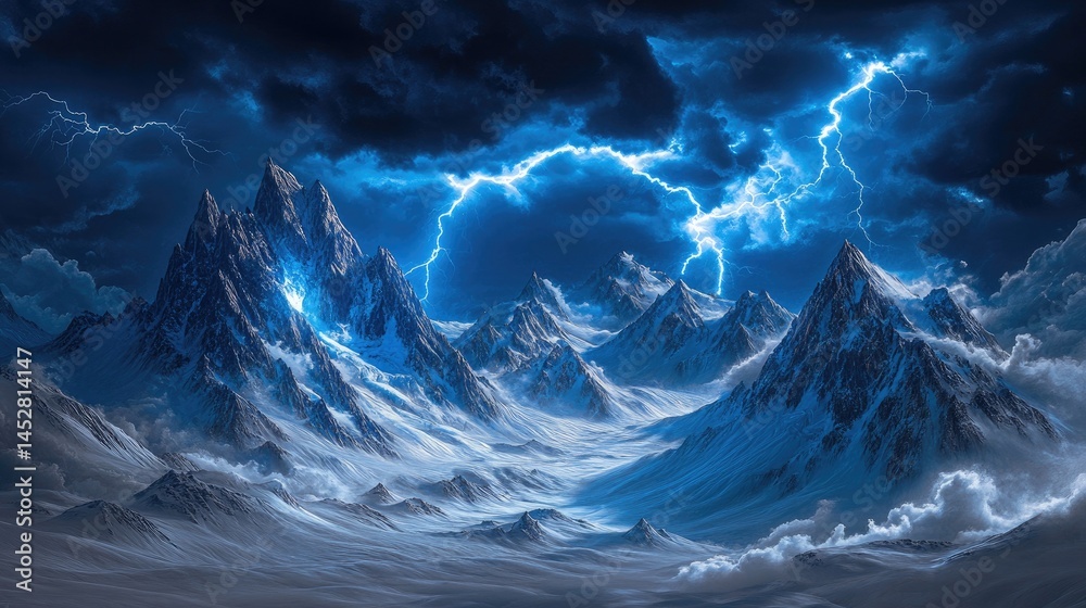 Snow-covered peaks under a menacing storm