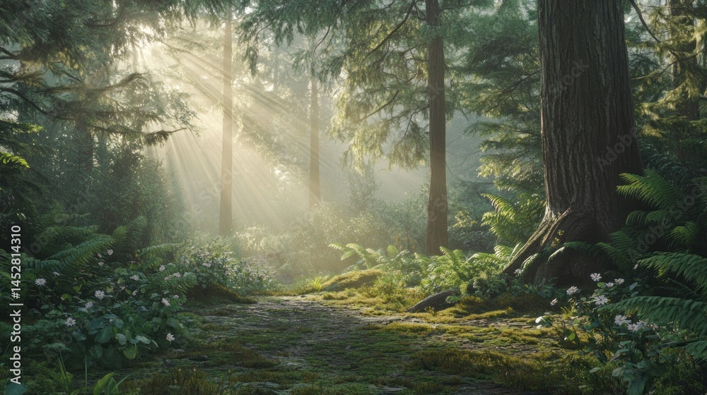 Naklejka premium Sunbeams Illuminate Mossy Forest Path