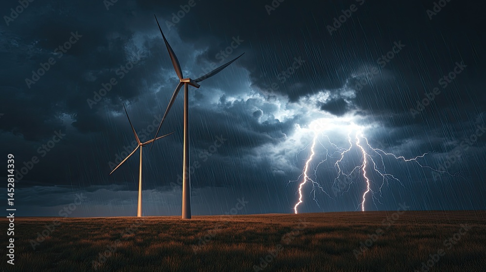 Tall wind turbines standing in an open field under dark storm clouds