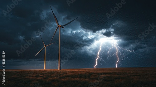 Obraz na płótnie Tall wind turbines standing in an open field under dark storm clouds w salonie
