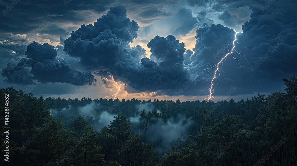 Towering dark cumulonimbus clouds rolling over a dense forest