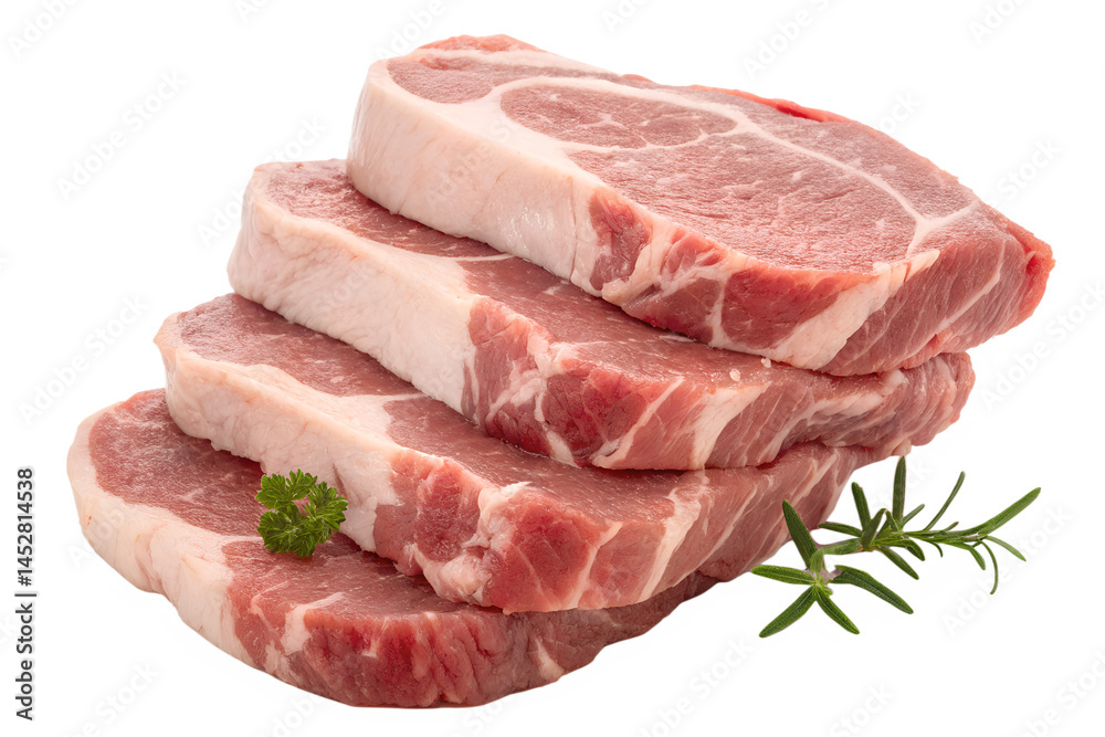 Fresh pork loin chops stack with rosemary and parsley on black background Fresh pork loin chops stack with rosemary and parsley on black background