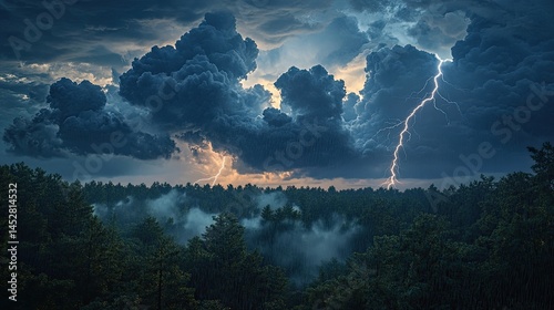 Obraz na płótnie Towering dark cumulonimbus clouds rolling over a dense forest w salonie