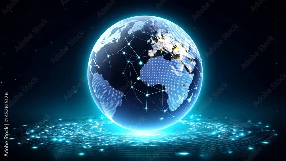 A glowing Earth surrounded by a network of connected nodes, representing global connectivity and technology. The scene is filled with dynamic energy and the potential of the digital world.