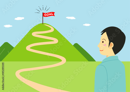 ゴール地点に旗がある山と男性のイラスト
