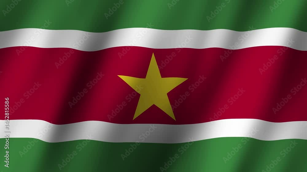 Suriname flag waving proudly in the breeze against a blue sky