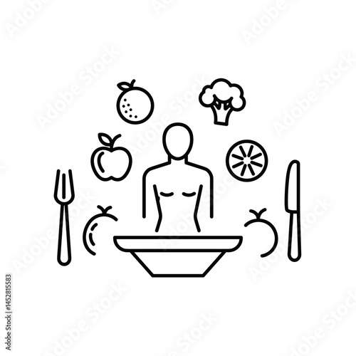 Healthy Eating Concept with Fruits and Vegetables in Line Art  