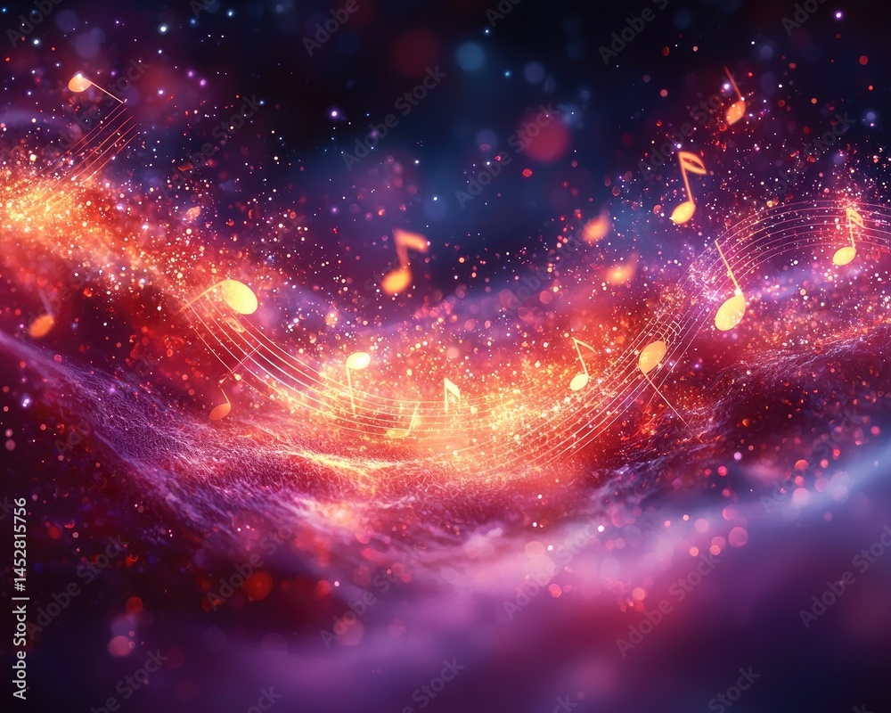 Abstract representation of vibrant musical notes flowing through a cosmic landscape