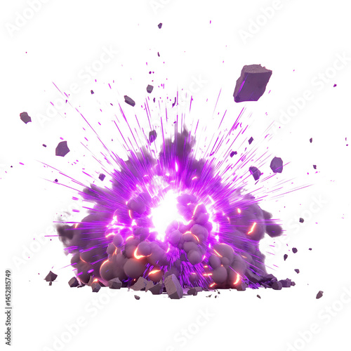 Explosive Purple Burst with Debris and Shockwave Creating a Dynamic Visual Effect Suitable for Action Scenes and Creative Projects