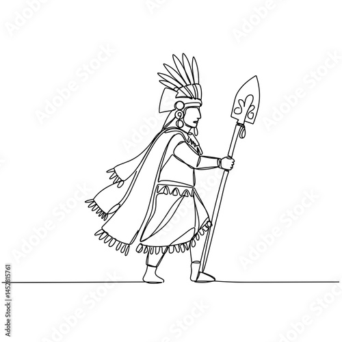 Indigenous warrior drawing with spear in traditional attire  