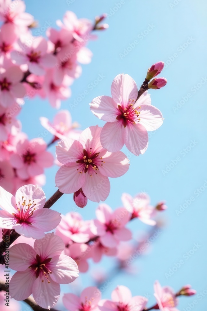 Obraz premium Delicate pink cherry blossoms in full bloom against a clear spring sky , zen, sunlight, pink