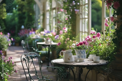 A minimalist yet elegant tea room with white furniture, soft lavender decor, a tiered stand of biscuits and tea sandwiches, and a clear vase with garden-fresh lilies.