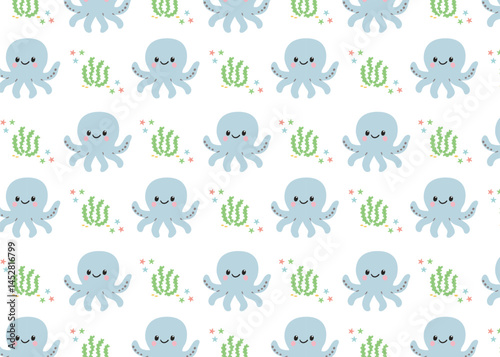 Seamless pattern with smiling blue octopuses, green seaweed and little starfish in flat cartoon style. Childrens underwater design for fabric, packaging, wallpaper and summer themes.