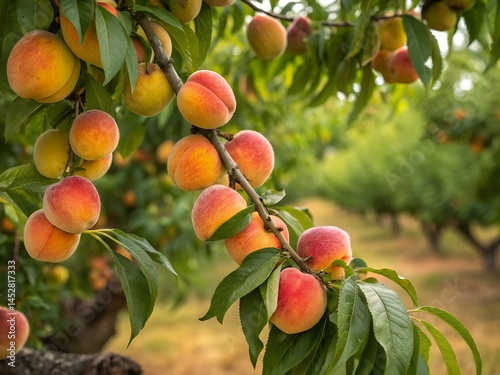 Peach tree with ripe peaches on branch