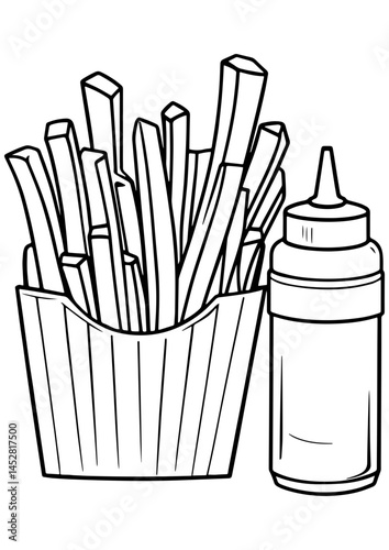 A black and white vector image of crispy French fries with dipping sauce, ideal for engraving, printing, logos, and menu design