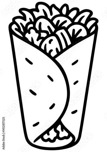 A black and white vector image of a lavash wrap with vegetables, perfect for engraving, printing, logos, and creative projects for restaurants and menus