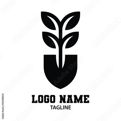 Agriculture Logo Minimalist Shovel with Sprouting Leaves, Organic Farming, Eco-Friendly Gardening Symbol, Sustainable Agriculture Emblem, and Plant Growth Concept in Black and White Illustration