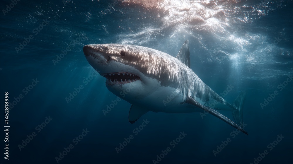 Fototapeta premium A great white shark swimming majestically in the deep ocean, showcasing its powerful form and predatory nature