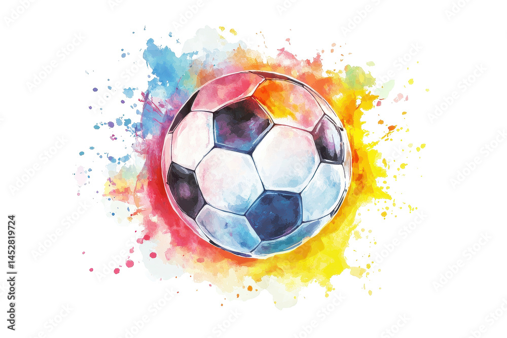 Fototapeta premium Colorful Watercolor Illustration of a Soccer Ball with Splashing Colors on a Transparent Background