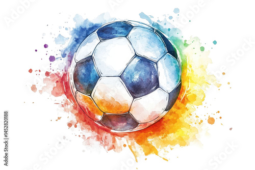Colorful Watercolor Soccer Ball Surrounded by Paint Splashes on Transparent Background