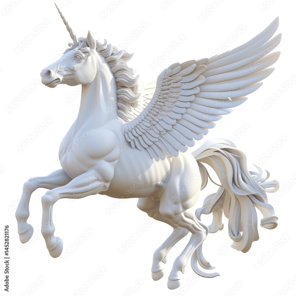 Graceful, winged unicorn sculpture in mid-flight.