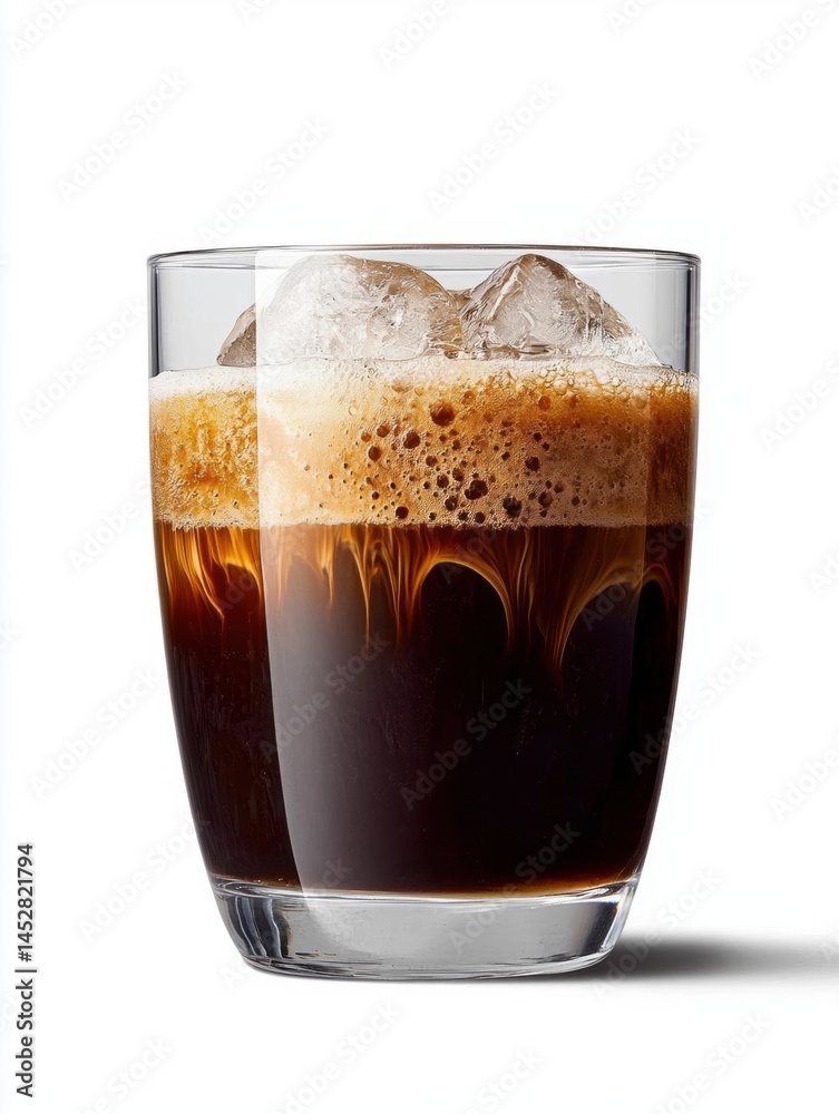 The image is of a glass of iced coffee. the glass is tall and slender with a wide base and a narrow neck. The image is of a glass of iced coffee. the glass is tall and slender with a wide base and a narrow neck.